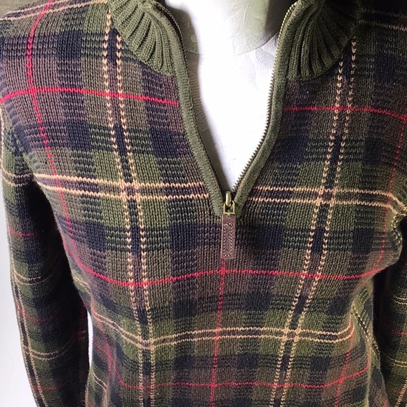 Lauren Ralph Lauren heavy knit hunter green plaid sweater. Small petite